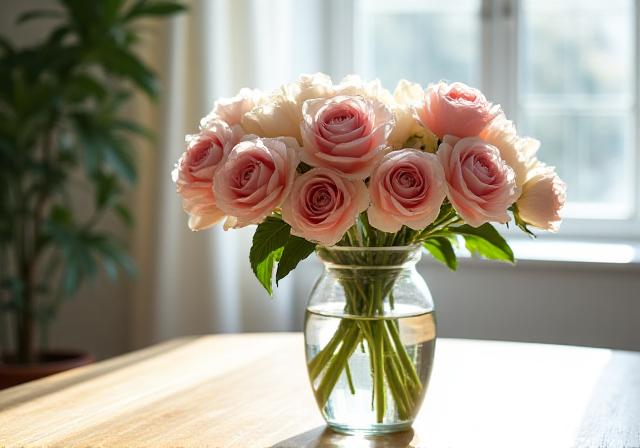 Smuk buket blomster i en vase på et lyst bord