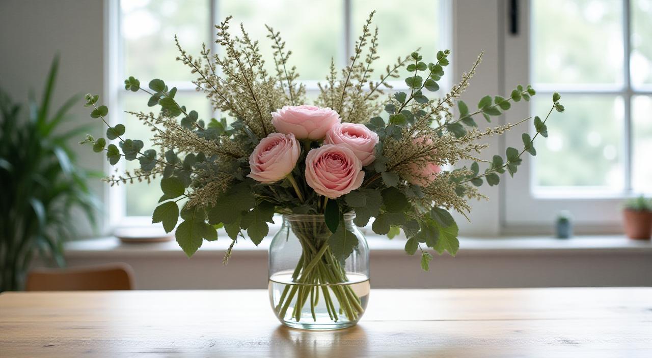 En smuk, frisk buket blomster i en vase på et lyst nordisk træbord