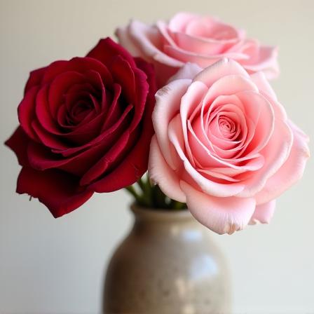 Røde og lyserøde roser ved siden af hinanden