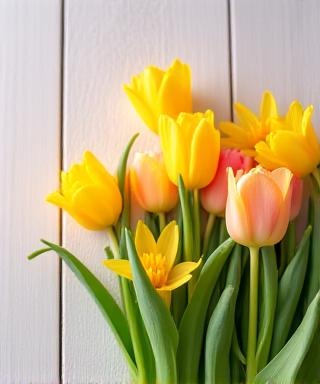 Forårsblomster: Gule påskeliljer og farverige tulipaner